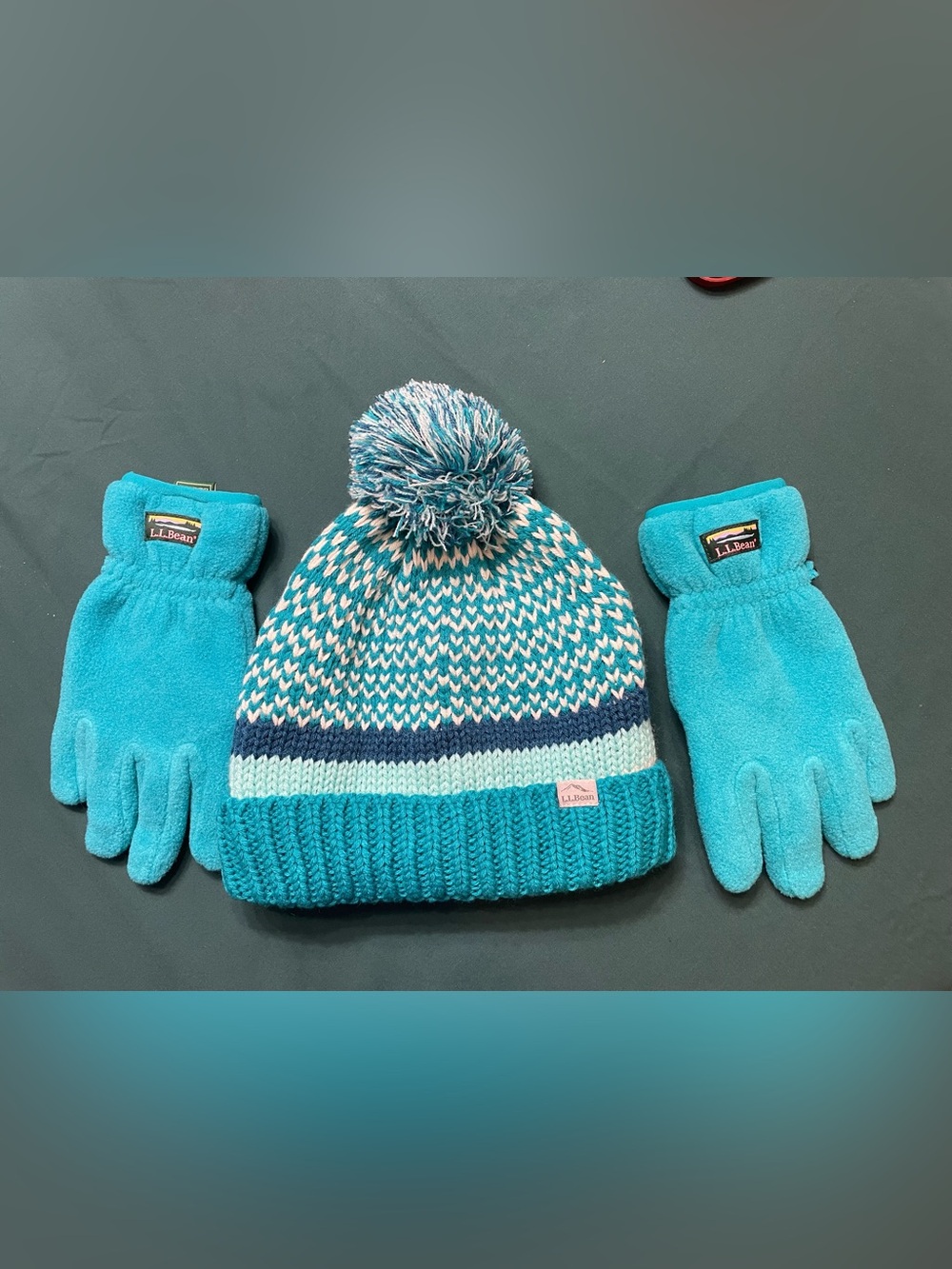 L.L. Bean Aqua Teal Knit Pom Beanie & Fleece Gloves Set Girls M (NWOT)